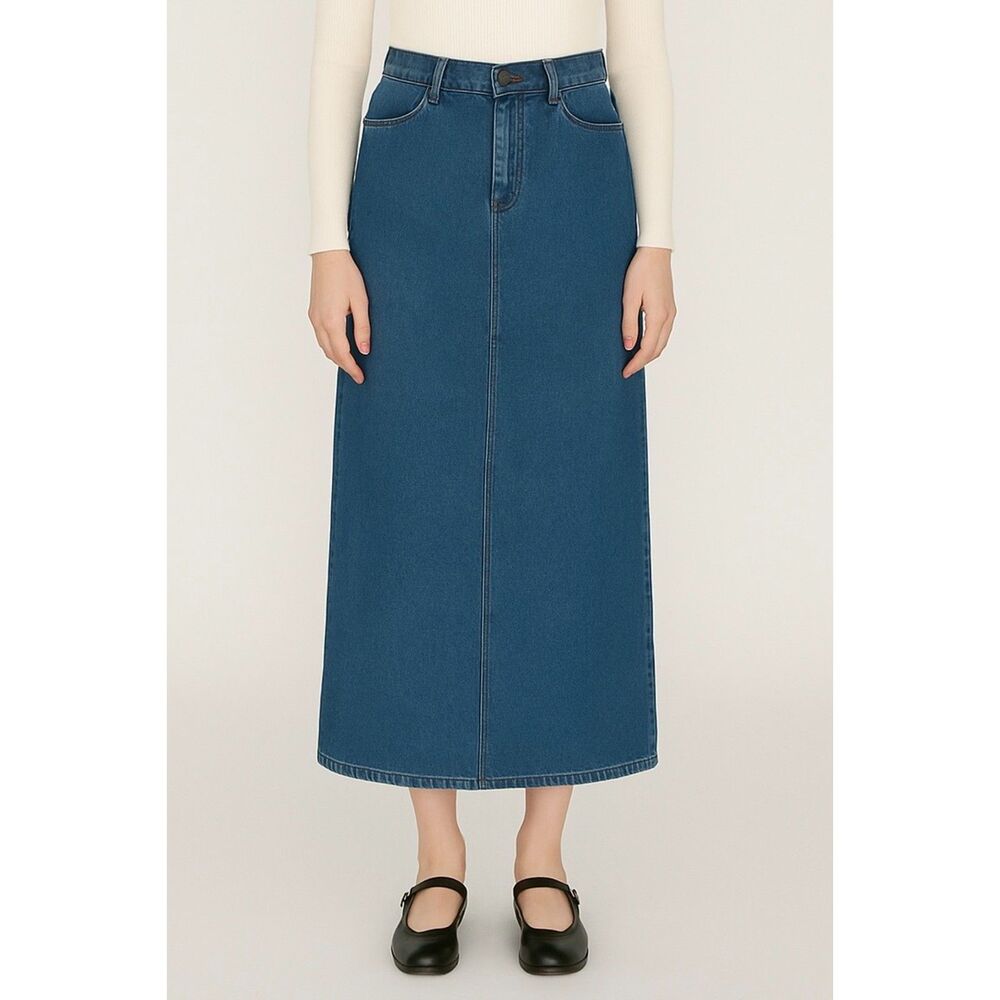 Vintage 90s Lee Casuals Denim Maxi Skirt Size 10 Rigid Jean Skirt Medium Wash